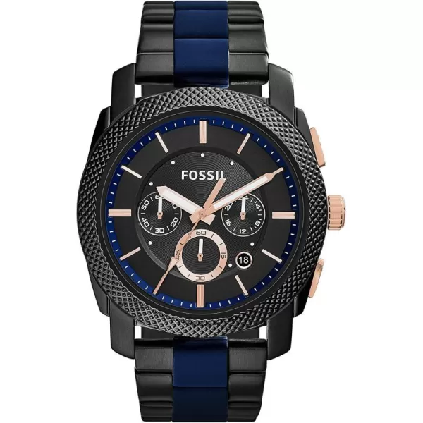 imageFossil Mens Machine Stainless Steel Case Quartz Chronograph WatchBlackBlue Silicone Chrono