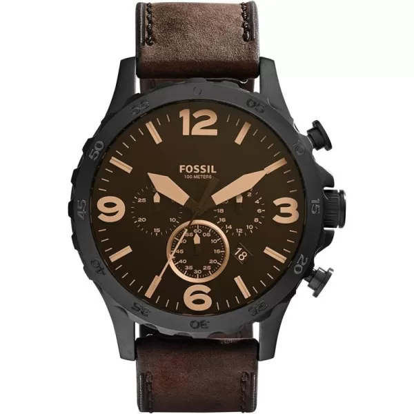 imageFossil Mens Nate Stainless Steel Quartz Chronograph WatchBlackBrown Leather