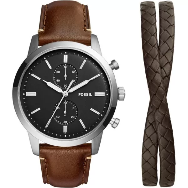 imageFossil Mens Townsman Stainless Steel and Leather Casual Quartz Chronograph WatchSilverBrown Bracelet Gift Set