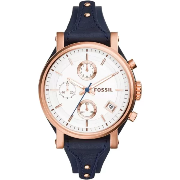 imageFossil Womens Original Boyfriend Stainless Steel and Leather Quartz Chronograph WatchRose Gold Blue