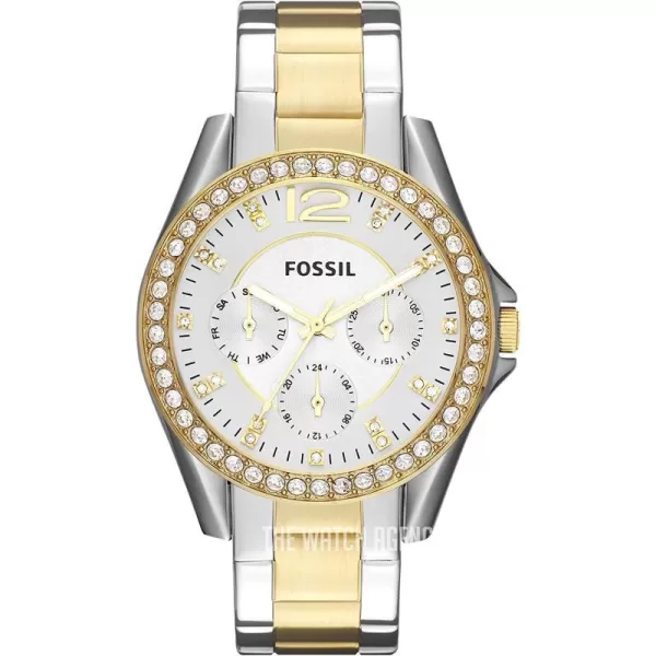 imageFossil Womens Riley Stainless Steel CrystalAccented Multifunction Quartz WatchTwoTone SilverGold