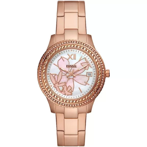 imageFossil Womens Stella Stainless Steel CrystalAccented Multifunction Quartz WatchRose Gold Floral