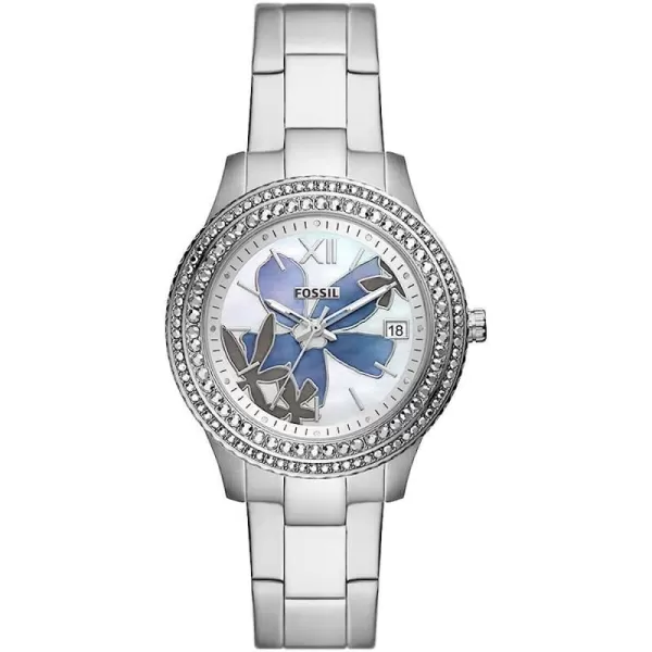 imageFossil Womens Stella Stainless Steel CrystalAccented Multifunction Quartz WatchSilverBlue Floral