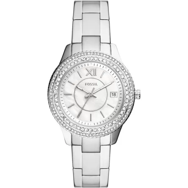 imageFossil Womens Stella Stainless Steel CrystalAccented Multifunction Quartz WatchSilverMother of Pearl