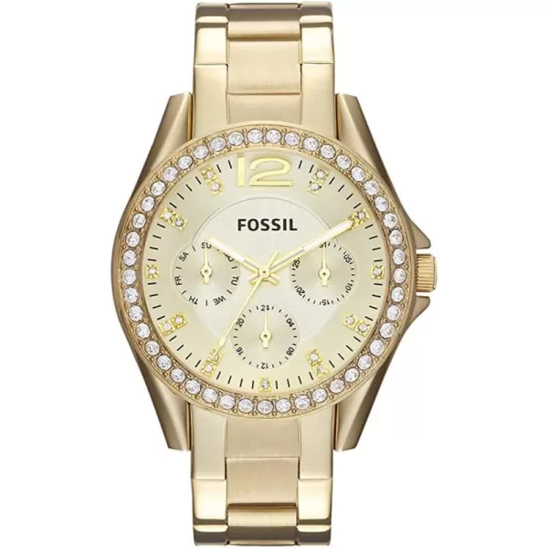 imageGold  Womens Fossil Riley Stainless Steel CrystalAccented Multifunction Quartz Watch