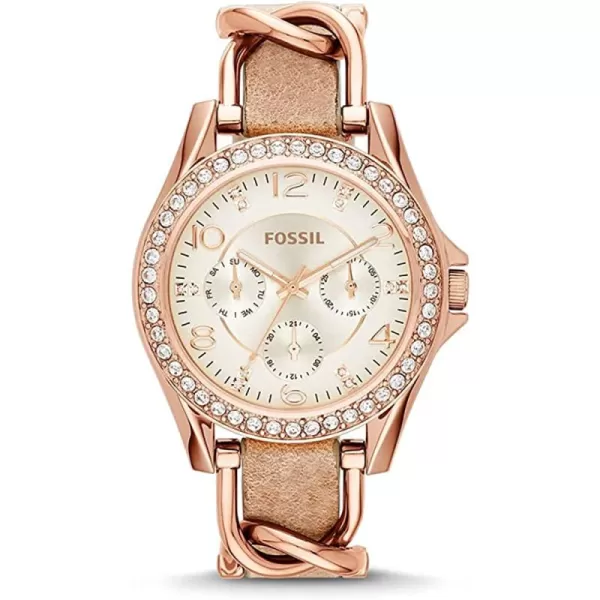 imageWomens  Rose Gold Tan Fossil Riley Stainless Steel CrystalAccented Multifunction Quartz Watch