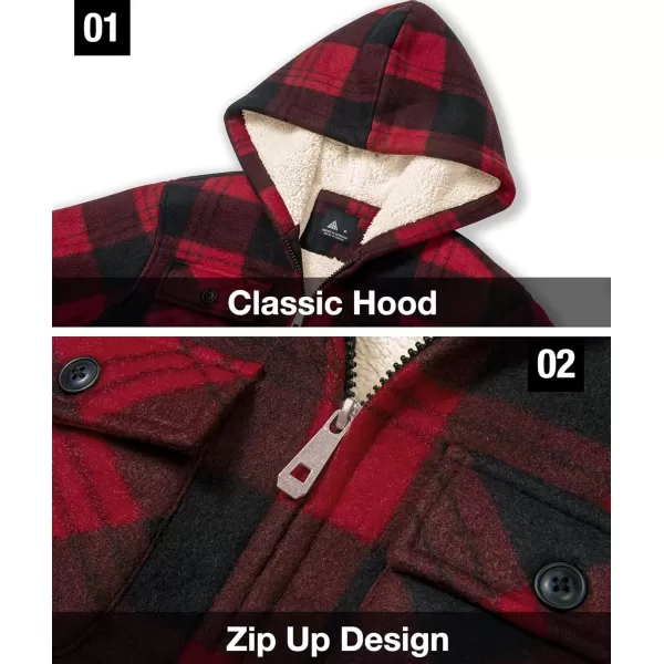 imageGEEK LIGHTING Boys Flannel Jacket Sherpa Lined Hoodies Zip Up Fleece Plaid Shirt Jackets Winter Outdoor Coat WarmAblackred