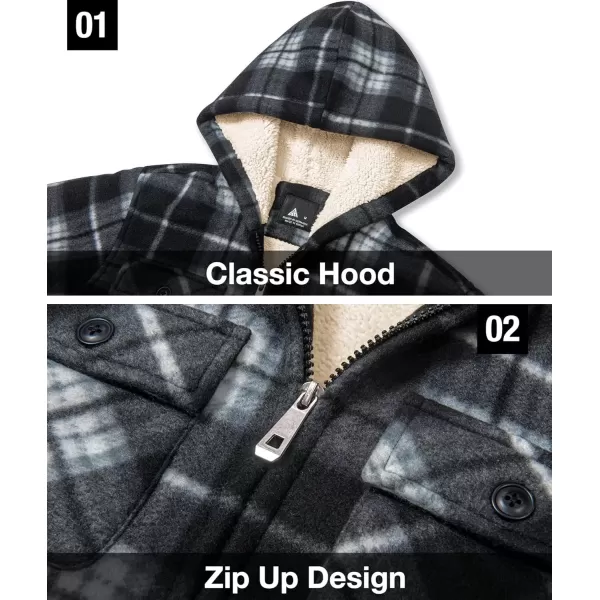 imageGEEK LIGHTING Boys Flannel Jacket Sherpa Lined Hoodies Zip Up Fleece Plaid Shirt Jackets Winter Outdoor Coat WarmAblackwhite