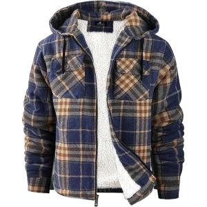 imageGEEK LIGHTING Mens Flannel Shirts Jacket Sherpa Lined Fleece Plaid Hoodie Long Sleeve Winter Warm CoatBlue Orange