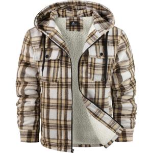 imageGEEK LIGHTING Mens Flannel Shirts Jacket Sherpa Lined Fleece Plaid Hoodie Long Sleeve Winter Warm CoatKhaki