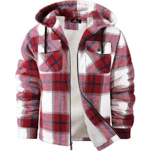 imageGEEK LIGHTING Mens Flannel Shirts Jacket Sherpa Lined Fleece Plaid Hoodie Long Sleeve Winter Warm CoatRed