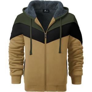 imageGEEK LIGHTING Mens Fleece Hoodies Zip Up Color Block Thick Winter Hooded SweatshirtGreen Black Khaki