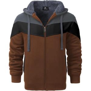 imageGEEK LIGHTING Mens Fleece Hoodies Zip Up Color Block Thick Winter Hooded SweatshirtGrey Dark Grey Brown
