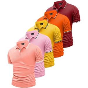 imageGEEK LIGHTING 5 Pack Men Polo Shirts with Pocket Multipack Golf Shirt for Men Moisture Wicking Casual Athletic Work TShirtsCoral Golden Orange Pink Red