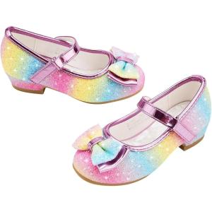 imageStelle Girls Dress Shoes Glitter Princess Shoe Flower Mary Jane Low Heels Party Wedding Prom Footwear for Toddler KidsT08rainbow