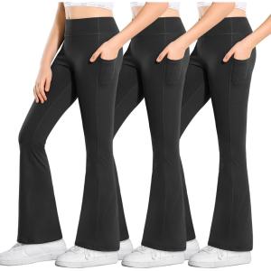 imageStelle Girls Flare Leggings with Pockets High Waisted Bootcut Yoga Pants Kids Dance Bell Bottoms Leggings3black