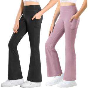 imageStelle Girls Flare Leggings with Pockets High Waisted Bootcut Yoga Pants Kids Dance Bell Bottoms LeggingsBlackDusty Lavender