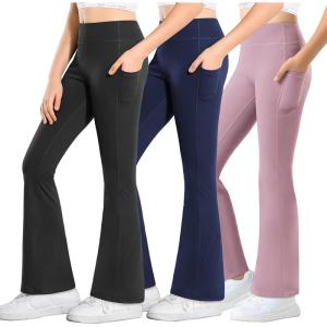 imageStelle Girls Flare Leggings with Pockets High Waisted Bootcut Yoga Pants Kids Dance Bell Bottoms LeggingsBlackDusty LavenderNavy
