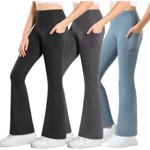 imageStelle Girls Flare Leggings with Pockets High Waisted Bootcut Yoga Pants Kids Dance Bell Bottoms LeggingsBlackGreyGrey Blue