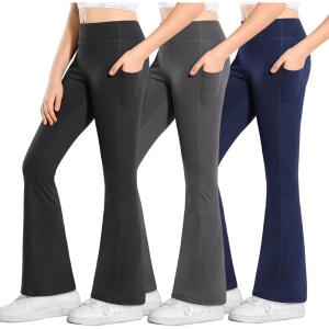 imageStelle Girls Flare Leggings with Pockets High Waisted Bootcut Yoga Pants Kids Dance Bell Bottoms LeggingsBlackGreyNavy