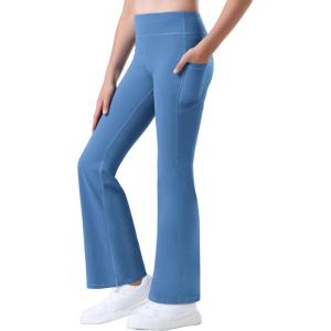imageStelle Girls Flare Leggings with Pockets High Waisted Bootcut Yoga Pants Kids Dance Bell Bottoms LeggingsBlue