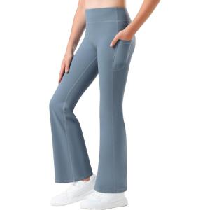 imageStelle Girls Flare Leggings with Pockets High Waisted Bootcut Yoga Pants Kids Dance Bell Bottoms LeggingsGrey Blue