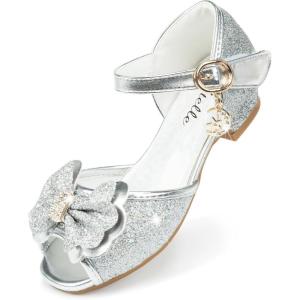 imageStelle Girls High Heels Dress Sandals Princess Bow Shoes Party Flower Wedding Shoes for Toddler KidsSilver