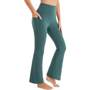imageStelle Bootcut Yoga Pants with Pockets for Women 30quot Wide Leg Pants High Waist Tummy Control Workout Yoga PantsCanal Green