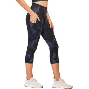 imageStelle Womens Capri Yoga Pants with Pockets Essential High Waisted Legging for WorkoutNyloncloud Dye Blue