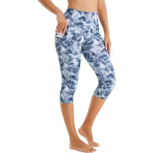 imageStelle Womens Capri Yoga Pants with Pockets Essential High Waisted Legging for WorkoutNylontide Dye White