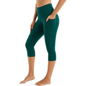 imageStelle Womens Yoga Pants with Pockets High Waisted Capri Leggings Tummy Control Workout Cycling PantsForest Green