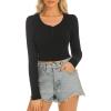 imageStelle Henley Shirts for Women Long Sleeve Crop Top Ribbed Knit Button Slim Fitted Tops Casual Basic BlouseBlack