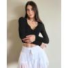 imageStelle Henley Shirts for Women Long Sleeve Crop Top Ribbed Knit Button Slim Fitted Tops Casual Basic BlouseBlack