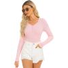 imageStelle Henley Shirts for Women Long Sleeve Crop Top Ribbed Knit Button Slim Fitted Tops Casual Basic BlouseCherry Blossom
