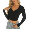 imageStelle Henley Shirts for Women Long Sleeve Crop Top Ribbed Knit Button Slim Fitted Tops Casual Basic BlouseBlack