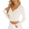 imageStelle Henley Shirts for Women Long Sleeve Crop Top Ribbed Knit Button Slim Fitted Tops Casual Basic BlouseIvory