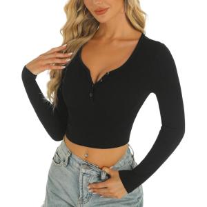 imageStelle Henley Shirts for Women Long Sleeve Crop Top Ribbed Knit Button Slim Fitted Tops Casual Basic BlouseBlack
