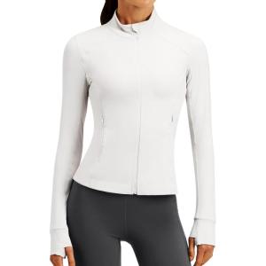 imageStelle Womens Zip Up Jackets Lightweight Athletic Running Jacket Workout Slim Fit Yoga Track Clothes with Thumb HolesChalk