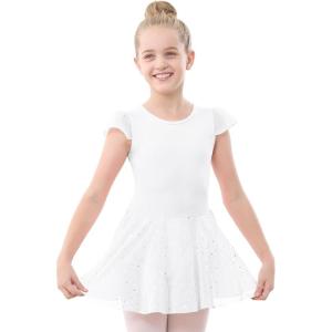 imageStelle Ballet Leotards for Girls Dance Leotard with Skirt Toddler Pink Ballet Outfit Ruffle Sleeve Kids Dance Dress1whiteshiny Skirt
