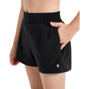 imageStelle Girls Athletic Shorts with Liner Zipper Pockets Elastic Waist Running Shorts Sports Active Shorts for Teen KidsAblack