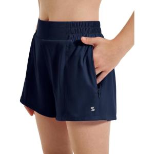 imageStelle Girls Athletic Shorts with Liner Zipper Pockets Elastic Waist Running Shorts Sports Active Shorts for Teen KidsNavy