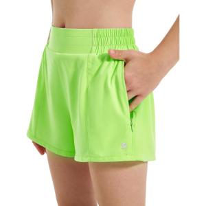 imageStelle Girls Athletic Shorts with Liner Zipper Pockets Elastic Waist Running Shorts Sports Active Shorts for Teen KidsNeon Yellow