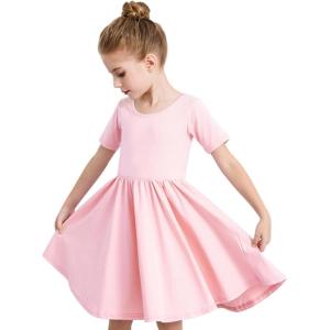imageStelle Girls Dress Short Sleeve Toddler Skater Twirl A Line Solid Color Dress TShirt Dress for School Casual ValentinesA02pink Without Pocket