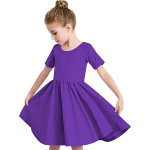 imageStelle Girls Dress Short Sleeve Toddler Skater Twirl A Line Solid Color Dress TShirt Dress for School Casual ValentinesA02purple Without Pocket