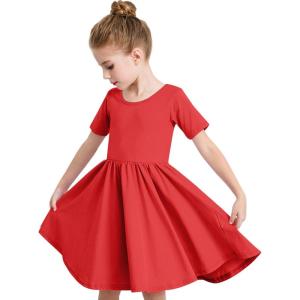 imageStelle Girls Dress Short Sleeve Toddler Skater Twirl A Line Solid Color Dress TShirt Dress for School Casual ValentinesA02red Without Pocket
