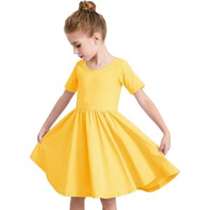 imageStelle Girls Dress Short Sleeve Toddler Skater Twirl A Line Solid Color Dress TShirt Dress for School Casual ValentinesA02yellow Without Pocket
