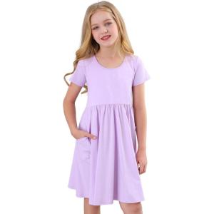 imageStelle Girls Dress Short Sleeve Toddler Skater Twirl A Line Solid Color Dress TShirt Dress for School Casual ValentinesA19lavender With Pocket