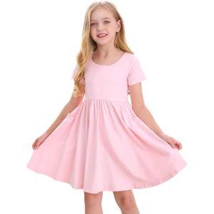 imageStelle Girls Dress Short Sleeve Toddler Skater Twirl A Line Solid Color Dress TShirt Dress for School Casual ValentinesA19pink With Pocket
