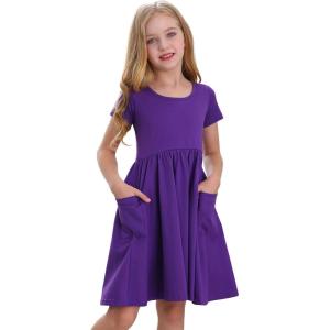 imageStelle Girls Dress Short Sleeve Toddler Skater Twirl A Line Solid Color Dress TShirt Dress for School Casual ValentinesA19purple With Pocket