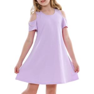 imageStelle Girls Dress Short Sleeve Toddler Skater Twirl A Line Solid Color Dress TShirt Dress for School Casual ValentinesCd001lavendercold Shoulder